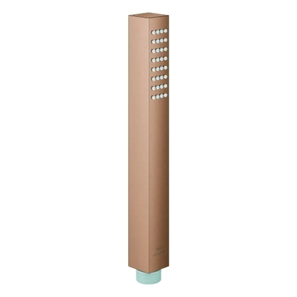 Handbrause von Grohe in stilvollem Design, rechteckige Form mit mehreren Auslassöffnungen an einer Seite, montiert an einem Wasseranschluss.