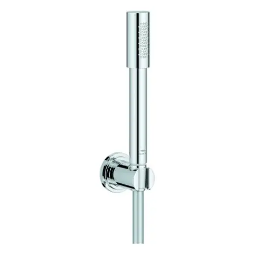 Chromfarbener Handbrausekopf mit schmalem, modernem Design und runder Halterung, geeignet für die Dusche.