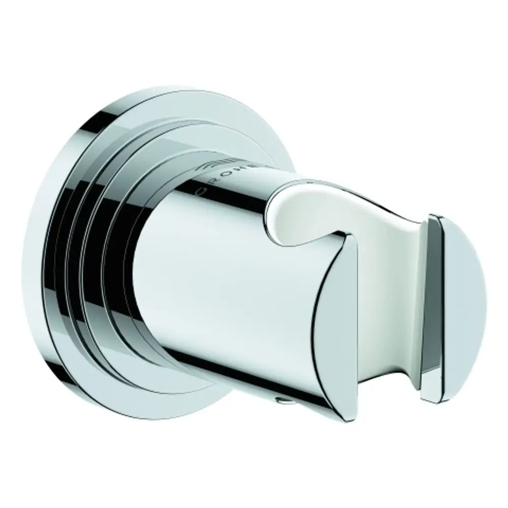 Handbrausehalter in Chrom-Optik, designed von Grohe, mit einer Halterung für die Handbrause. Der Halter hat eine runde Rückplatte und eine breite Öffnung für die Brause.