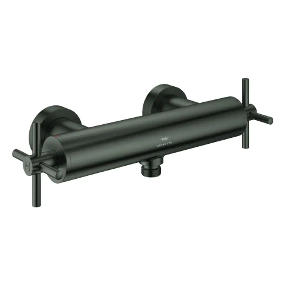 Wandmontiertes Grohe-Brausebatterie mit zwei Kreuzgriffen in mattem Schwarz, geeignet für die Steuerung von Warm- und Kaltwasser.