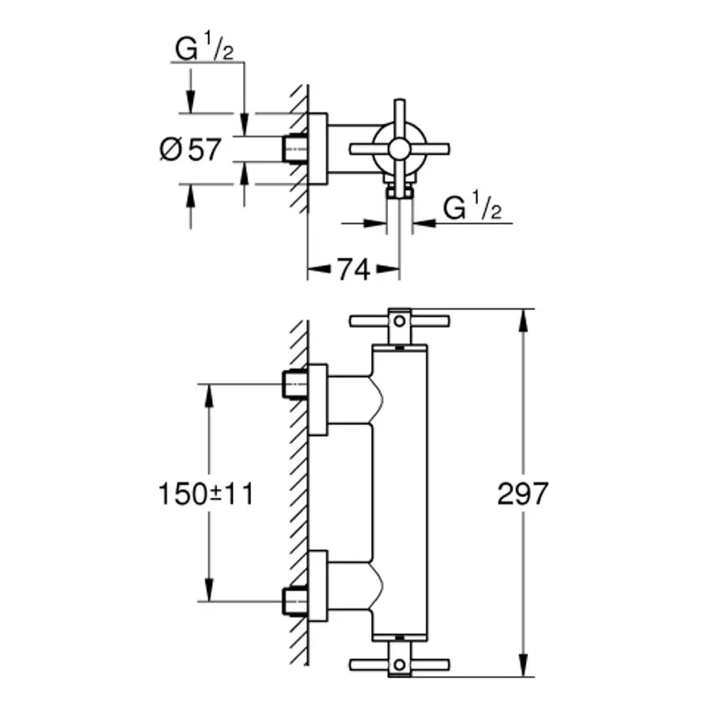 GROHE 2-Griff-Brausebatterie mit Wandmontage, ausgestattet mit Kreuzgriffen, abgebildet in hartem Graphit. Maße und Details sind im technischen Schema dargestellt.