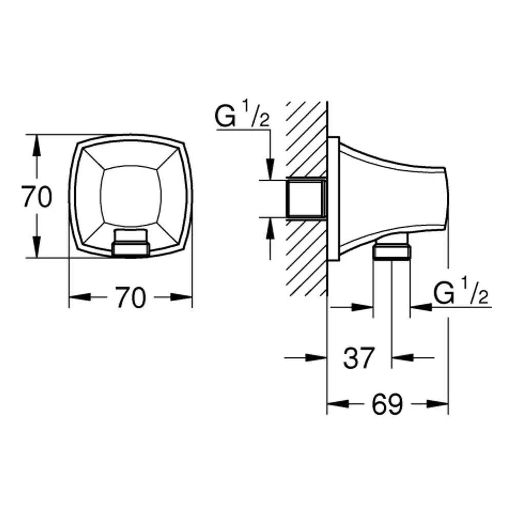 GROHE Wandanschlussbogen mit Außengewinde in der Ansicht von vorne und seitlich. Maßzeichnungen und technische Details sind sichtbar.