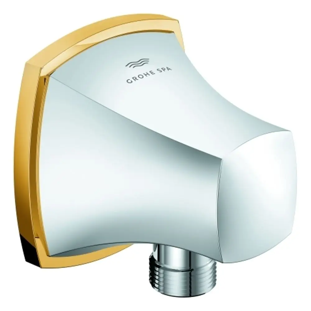 Wandanschlussbogen mit Außengewinde in chrom/gold, gefertigt von Grohe, für die Verbindung von Wasserleitungen in Badezimmerinstallationen.