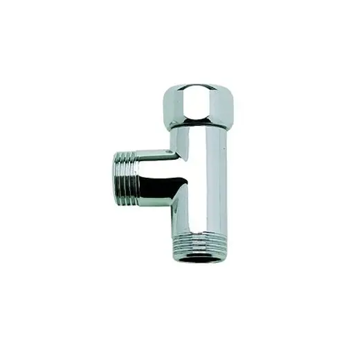 GROHE T-Stück in Chrom-Optik mit zwei Gewinden, das als Verbindungselement für Rohrleitungen dient. Es hat eine L-förmige Bauweise.