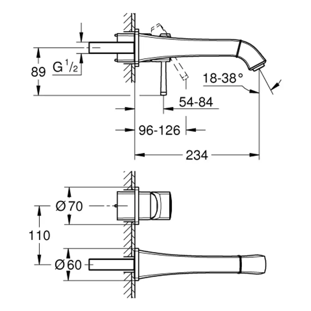 Grohe Wandarmatur mit zwei Löchern, bestehend aus einem verchromten Auslauf und Hebel für die Wassersteuerung, mit Skalen für Höhen- und Abstandsmessungen.