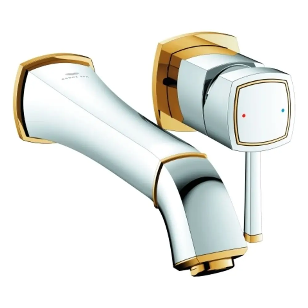 Wandmontierte Armatur von Grohe mit zwei Löchern, in Chrom und Gold, bestehend aus einem Auslauf und einem Bedienhebel.