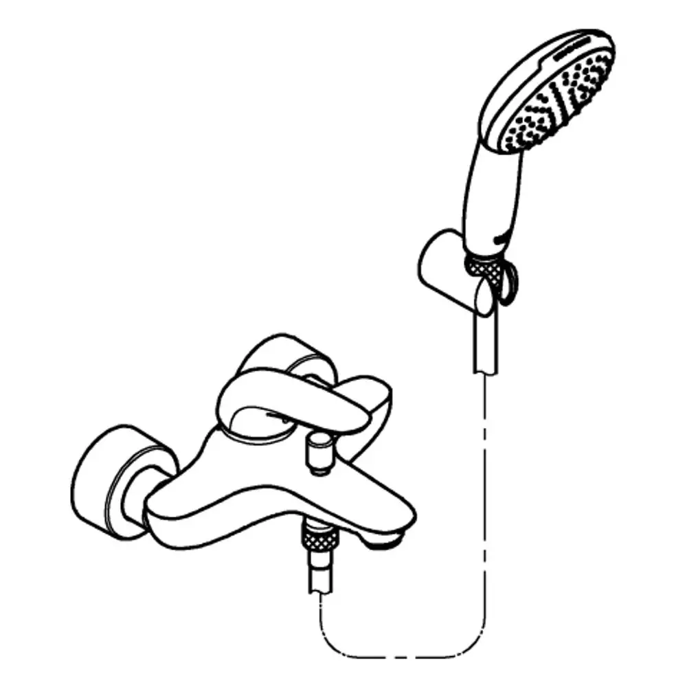 GROHE Armatur mit Wandhalter und Handbrause. Das Setup zeigt eine Mischbatterie mit Hebel zur Steuerung des Wasserflusses und einem flexiblen Schlauch.