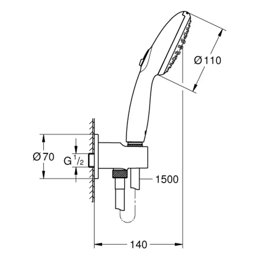 Wandhalter mit Handbrause von Grohe, gezeichnet in seitlicher Ansicht. Die Halterung ist für eine Montage an der Wand vorgesehen.