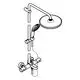 Duschsystem von Grohe mit einem großen, runden Kopfbrause und einer zusätzlichen Handbrause, verbunden durch eine verstellbare Stange, mit Temperaturregler unten.