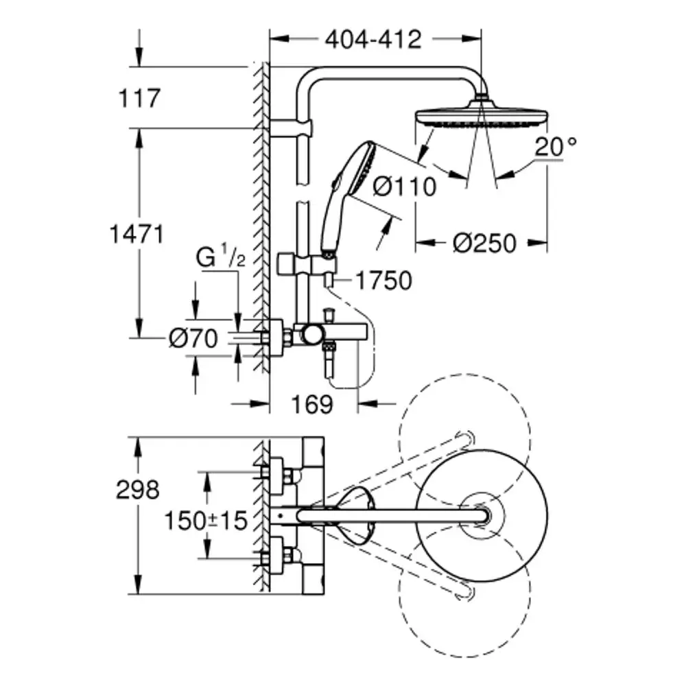 Grohe Duschsystem mit Kopfbrause und Handbrause, inklusive Armatur und Verbindungsleitungen, dargestellt in technischer Zeichnung mit Maßen und Anschlussdetails.