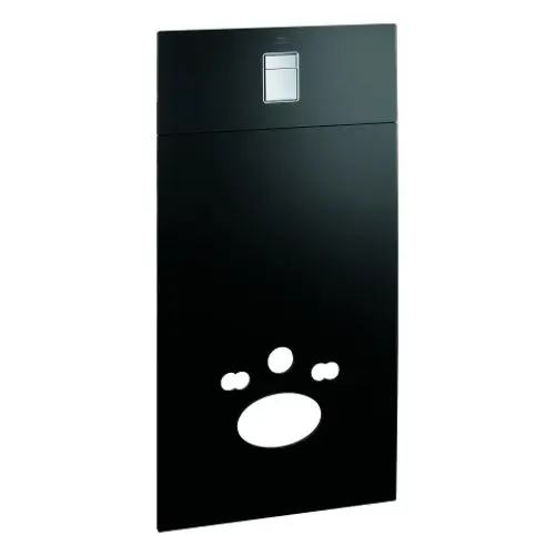 Schwarzes Glas-Designmodul von Grohe mit einem zentralen Bedienfeld und einer ovalen Öffnung, geeignet für Installationssysteme wie Rapid SL und Uniset.