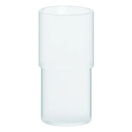 Stilvolles, modernes Glas aus durchsichtigem Material mit einem weißen oberen Abschnitt, ideal für Badezimmeraccessoires.