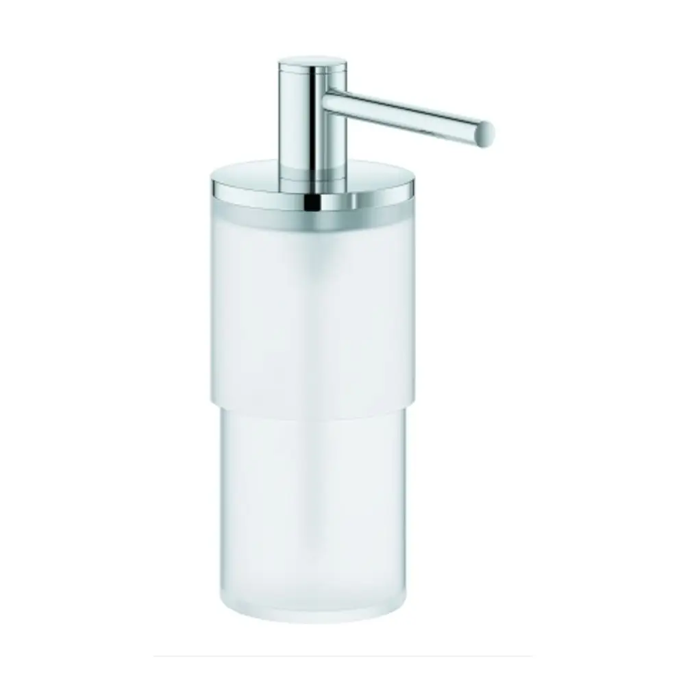 GROHE Seifenspender in transparenter Ausführung mit chromfarbenem Pumpmechanismus, geeignet für Bad- oder Küchenbereich.