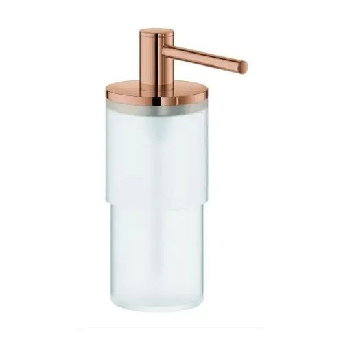 Transparenter Seifenspender mit einem Roségold-Touch. Der Spender gehört zur Grohe Allure-Serie und hat eine elegante, schlichte Form ohne zusätzliche Beschriftungen.