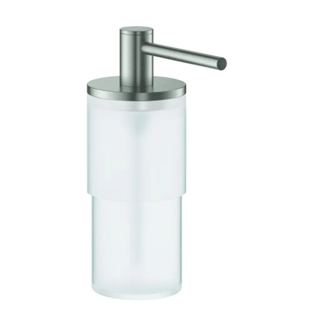 Seifenspender aus transparentem Kunststoff mit einem Metallpumpmechanismus. Das Design ist schlicht und funktional, geeignet für den Einsatz im Badezimmer oder in der Küche von Grohe.
