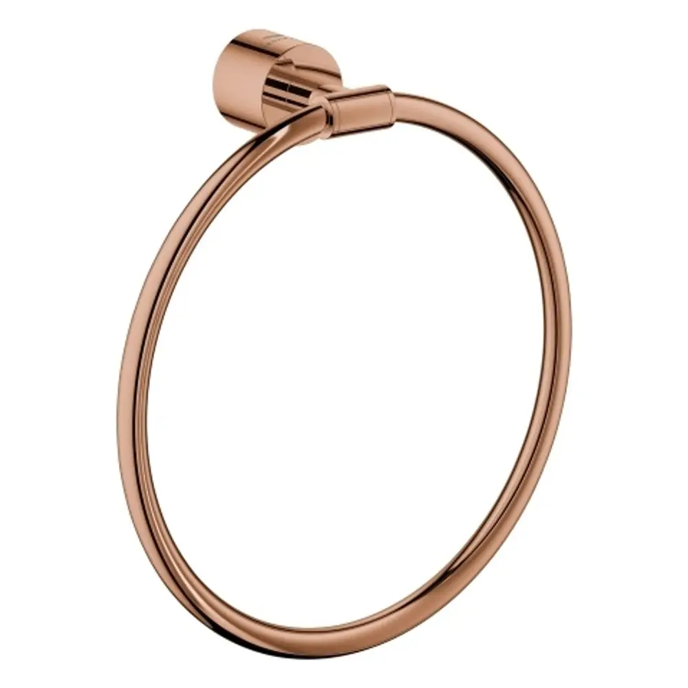 Roségoldfarbener Handtuchring von Grohe mit schlichter, runder Form und einer Befestigung an einer Wandhalterung. Ideal für Bäder oder Waschräume.