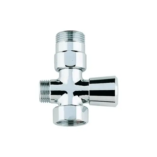 Chromfarbener Verbindungsstutzen von Grohe mit mehreren Anschlussmöglichkeiten, typischerweise für Sanitärinstallationen verwendet.