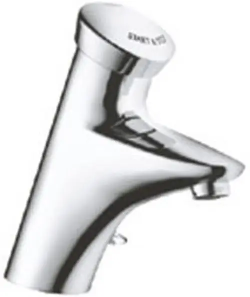 Chromfarbener Waschbeckenarmatur mit selbstschließendem Mechanismus und modernem Design, ideal für professionelle Anwendungen.