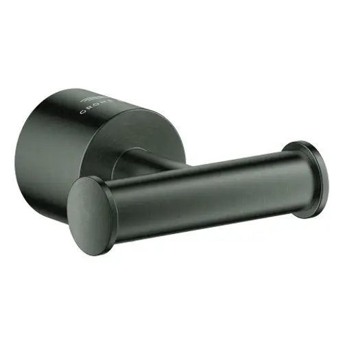 Bademantelhaken in mattem Schwarz mit gebürsteter Oberfläche von Grohe, montiert auf einer Wand. Minimalistisches Design mit runder Basis und dickem Haken.