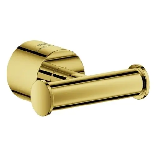 Goldfarbener Wandhaken von Grohe, rundes Wandgerät mit einem längerem, zylindrischen Arm, geeignet für Bademäntel oder Handtücher, modernes Design.