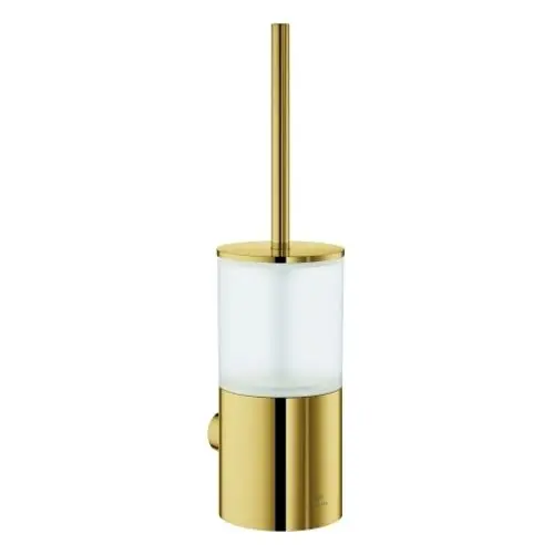 Wandmontierte Toilettenbürstengarnitur in glänzender goldener Optik, mit transparentem Behälter und einem Bürstenstiel von Grohe.