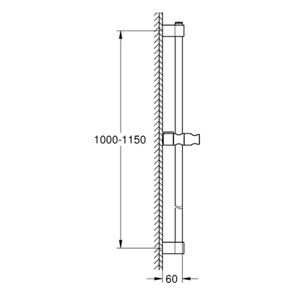 Vertikale Duschstange von Grohe, montiert an einer Wand, mit einer Länge von 1150 mm und einer Breite von 60 mm.