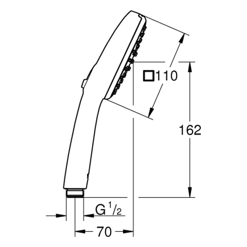 Handbrause von Grohe, designet mit ergonomischer Form, für eine praktische Handhabung. Abgebildet ist die Brause in einem technischen Zeichnungsformat.