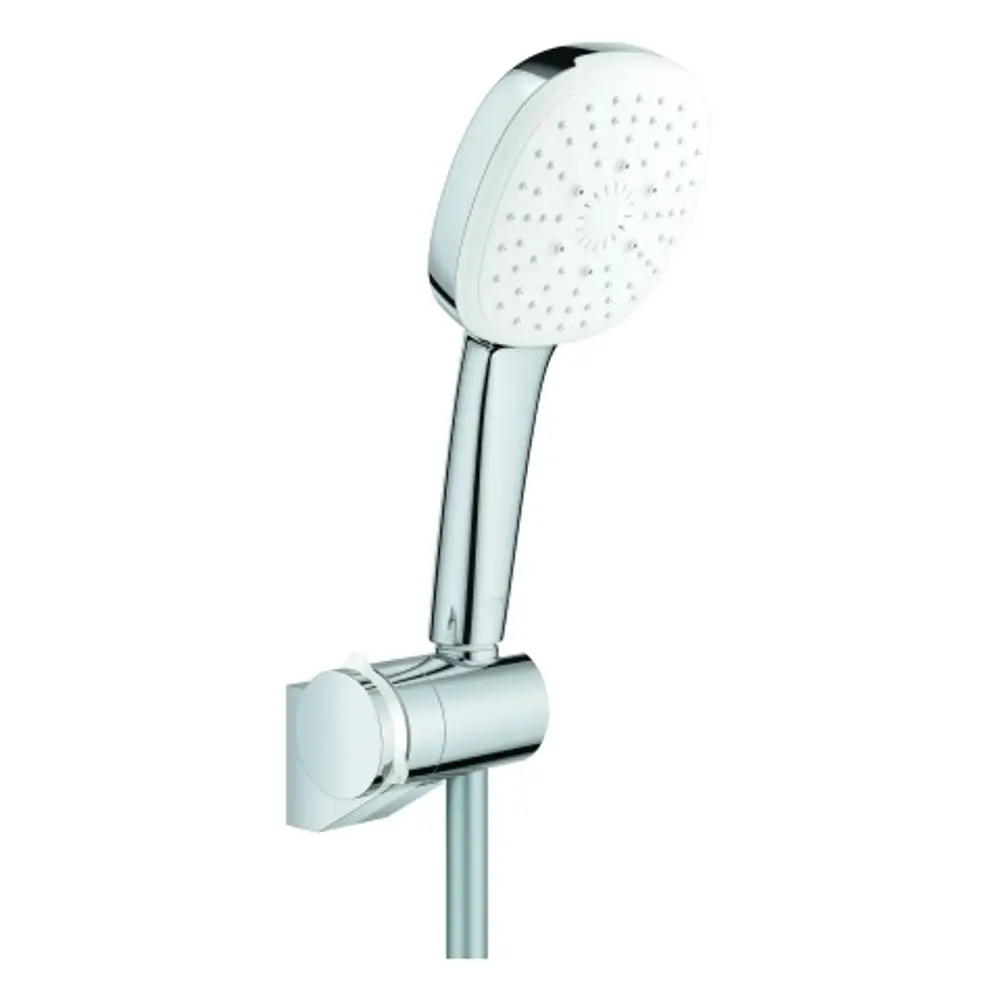 Wandhalterset für Handbrause in Chromfarbe, montiert an der Wand, mit runder Halterung und ergonomischem Design. Von Grohe, geeignet für verschiedene Strahlarten.