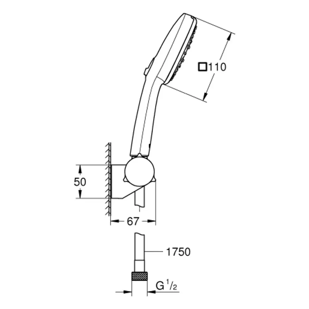 Wandhalterung für Duschkopf, montiert an einer Wand, mit Anschluss für Wasserleitung. Hersteller Grohe. Design mit klarem, funktionalem Profil.