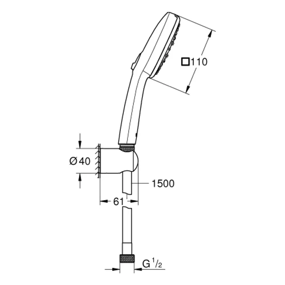 GROHE Duschset in Chrom mit Handbrause und Wandhalterung, zeigt Abmessungen und Anschlüsse für die Montage an der Wand.
