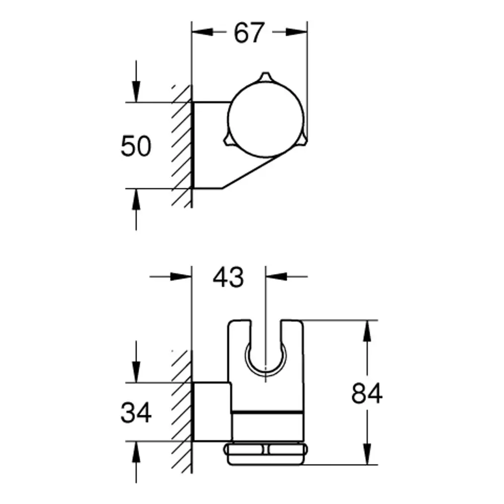 Grohe Wandbrausehalter in verstellbarer Ausführung. Technische Zeichnung zeigt die Maße und Designmerkmale des Halters zur Wandmontage.