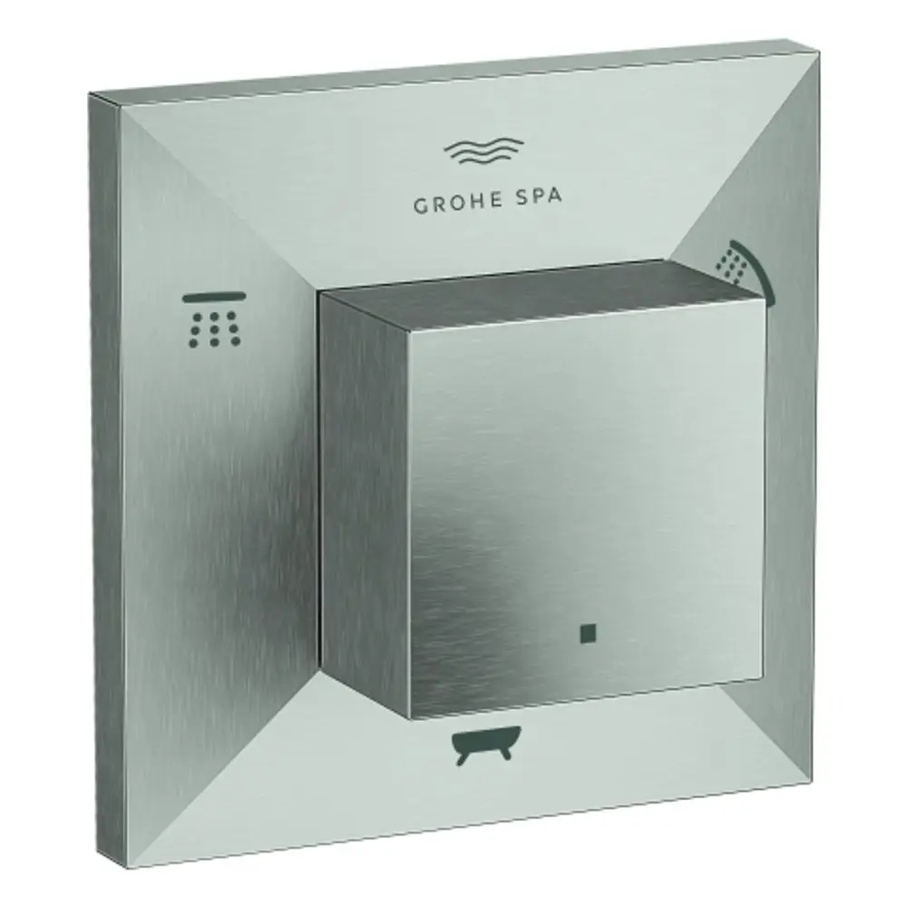 Wandmontierte Steuerungseinheit aus Edelstahl mit drei Icons für Dusche, Handbrause und Wanne. Markenlogo von Grohe oben sichtbar.