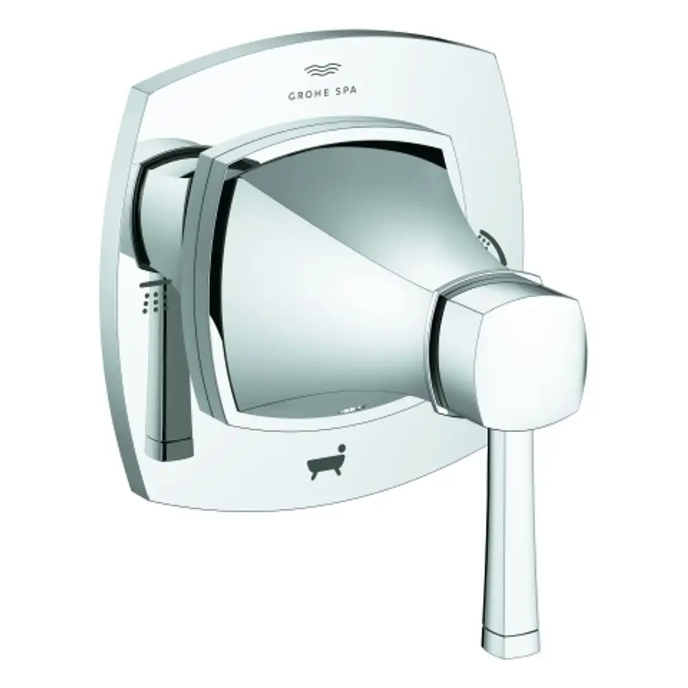 Grohe Armatur mit einem zentralen Drehknopf zur Wasserauswahl und einer zusätzlichen Hebelsteuerung, montiert auf einer quadratischen Wandplatte in Chromoptik.