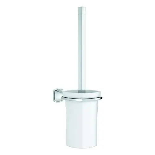 Weißes Toilettenbürstenset von Grohe, bestehend aus einem runden Behälter mit einem verlängerten Bürstenstiel, an der Wand montiert. Minimalistisches Design, geeignet für Badezimmer.