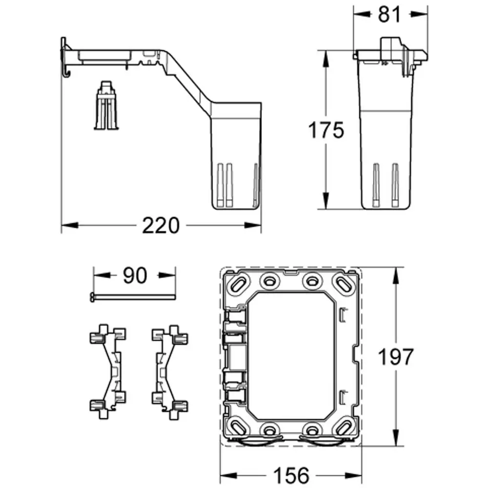 GROHE Umrüstset mit mehreren Komponenten zur Aufnahme von Duft-Tabs, dargestellt in technischen Zeichnungen mit Maßangaben.