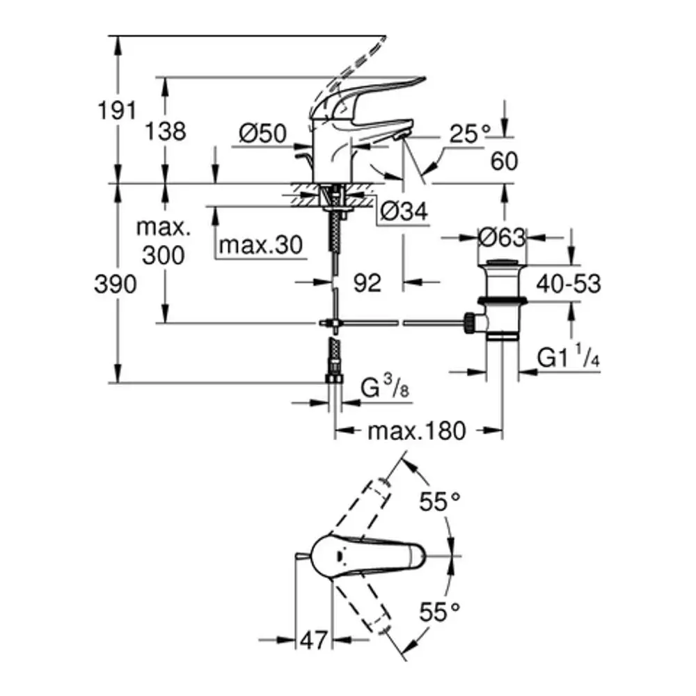 Ein Grohe Wasserhahn mit klaren Linien, ausgestattet mit einer Zugstangen-Ablaufgarnitur. Detailreiche technische Zeichnung mit Abmessungen und Anschlussstellen.