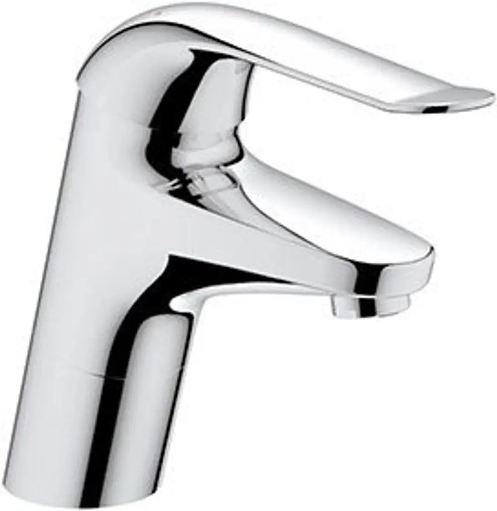 Ein Chromwasserhahn von Grohe mit flachem Hebel und glattem Körper. Er eignet sich für Waschbeckenmontage und zeigt eine moderne, schlichte Form.