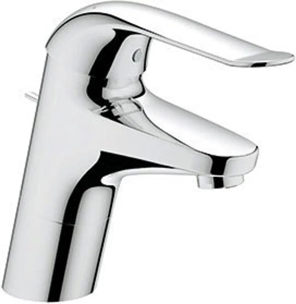 Chromfarbener Wasserhahn von Grohe mit einem länglichen Hebel und einem geringen Auslauf. Geeignet für Waschbeckenmontage.