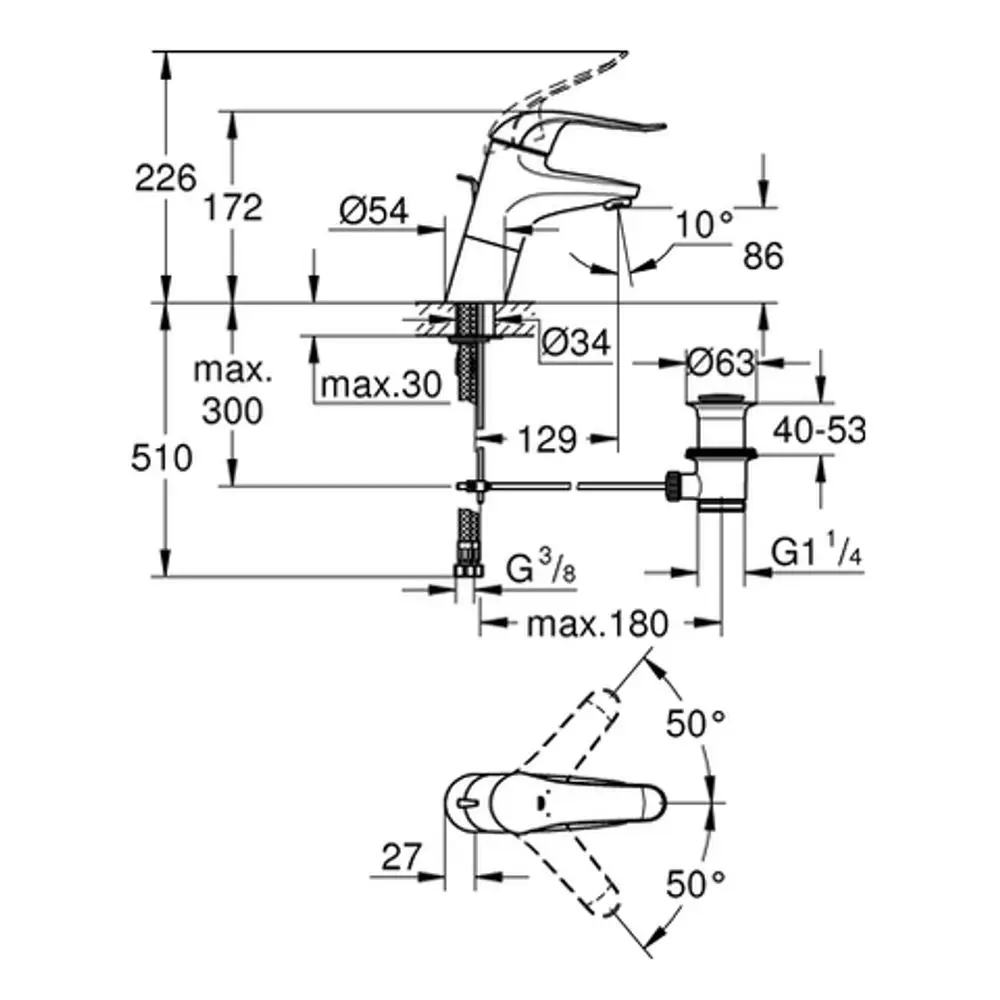 Grohe Mischbatterie mit Details zu Abmessungen und Anschlussmöglichkeiten, einschließlich einer skizzierten Ansicht und relevanten technischen Spezifikationen.