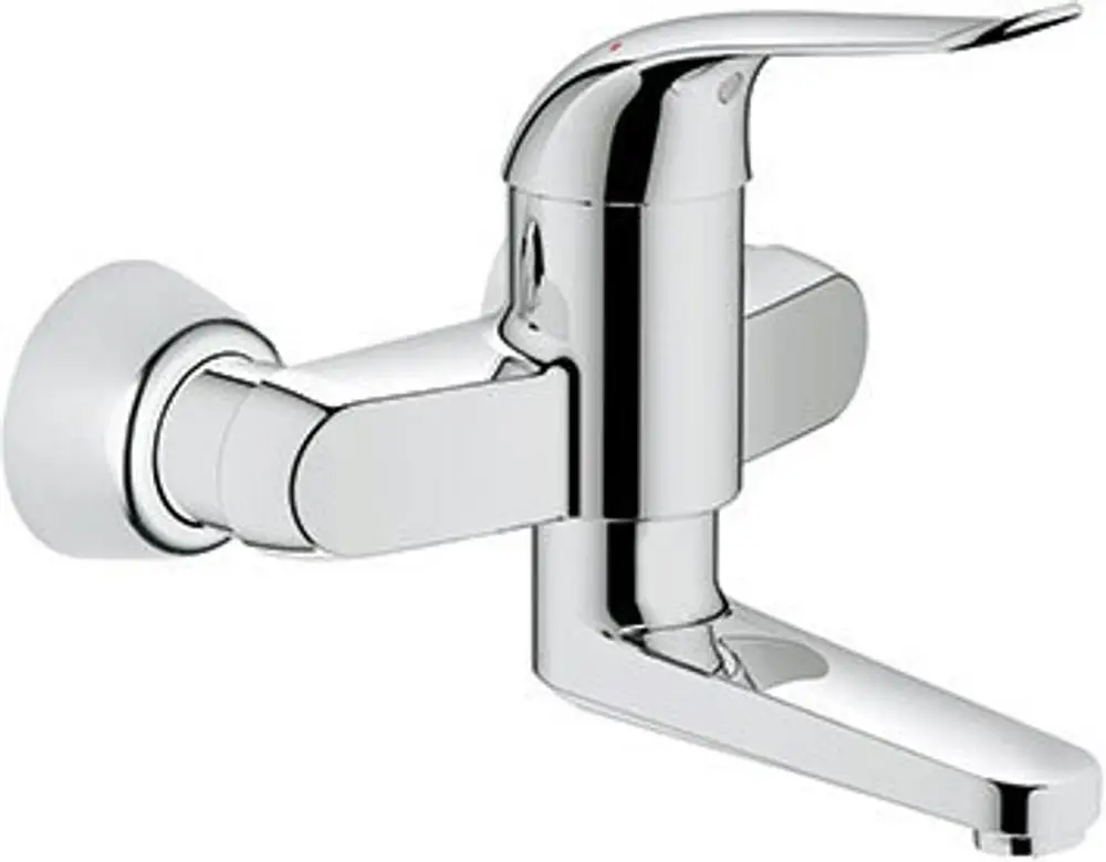 Grohe-Wasserhahn in Chromoptik mit einem einteiligen Arm und einem seitlichen Hebel zur Anpassung von Wassertemperatur und -fluss, wandmontiert mit S-Anschlüssen.