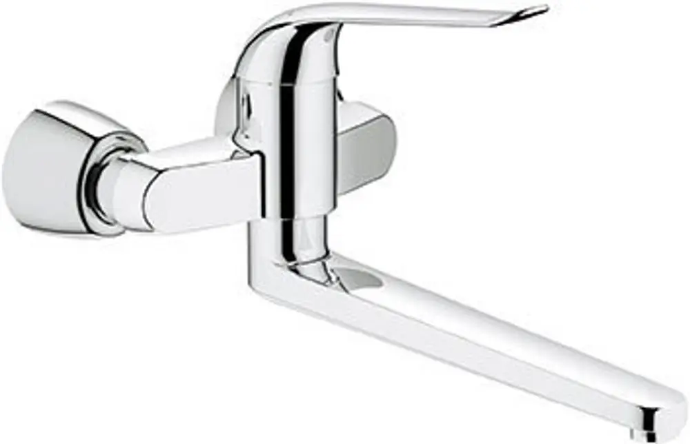 Wandmontierte Chromarmatur von Grohe mit einem langen Auslauf und einem Hebel zur Temperatur- und Mengenregelung. Design geeignet für Badezimmer oder Küche.