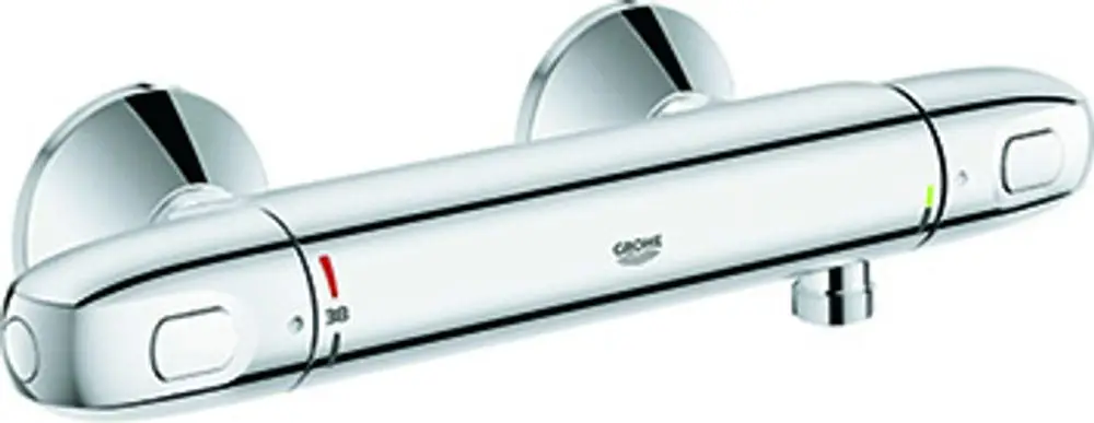 Chromfarbene Brausebatterie mit zwei Temperaturanzeigen und einem Wasserhahnanschluss. Das Design ist von der Marke Grohe.