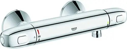 Thermostatarmatur in verchromtem Design mit Temperaturanzeige und zwei Einstellknöpfen für die Wasserregulation.