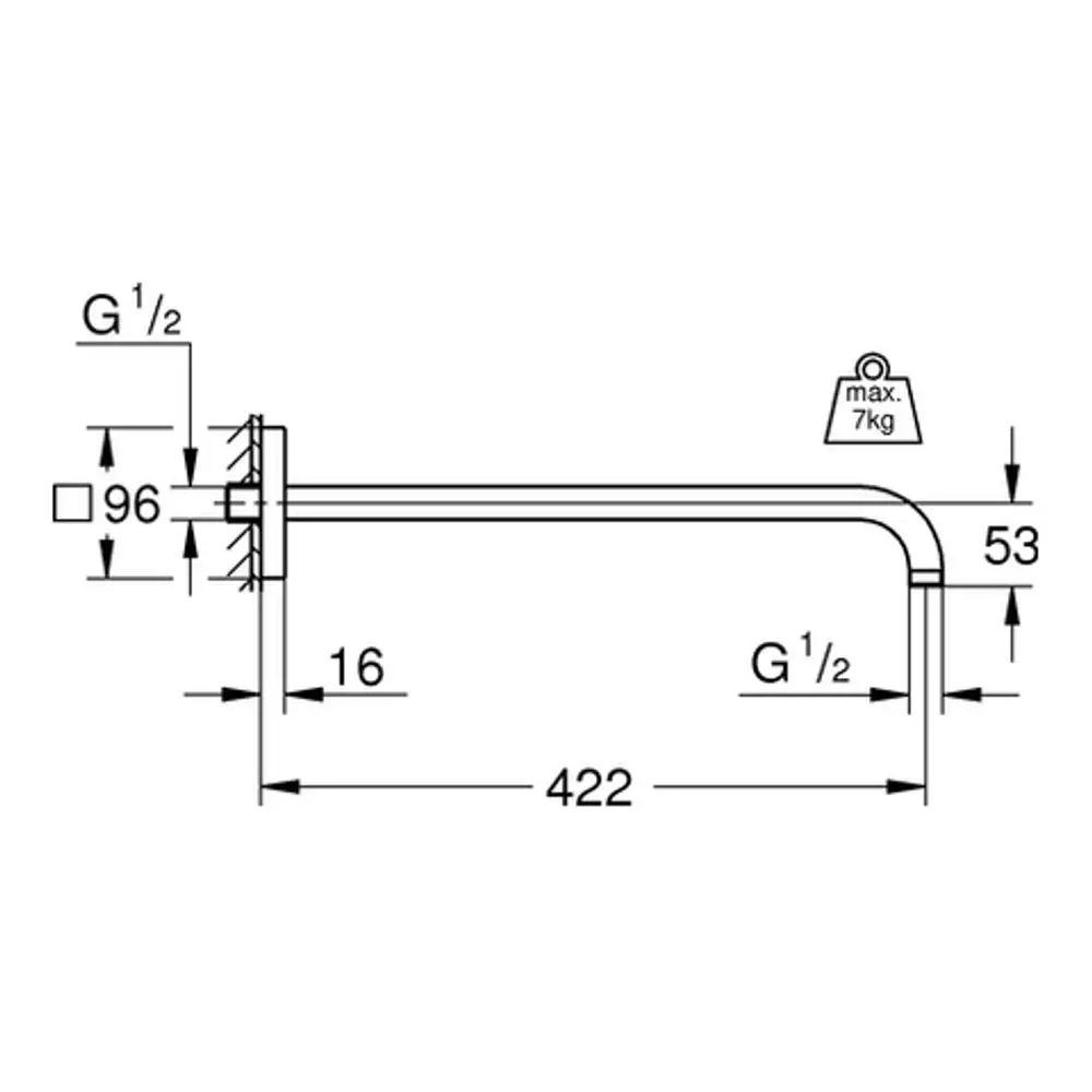Grohe Brausearm mit eckiger Rosette, metallisch, mit einer Ausladung von 422 mm, zur Wandmontage geeignet, max. Belastung 7 kg.