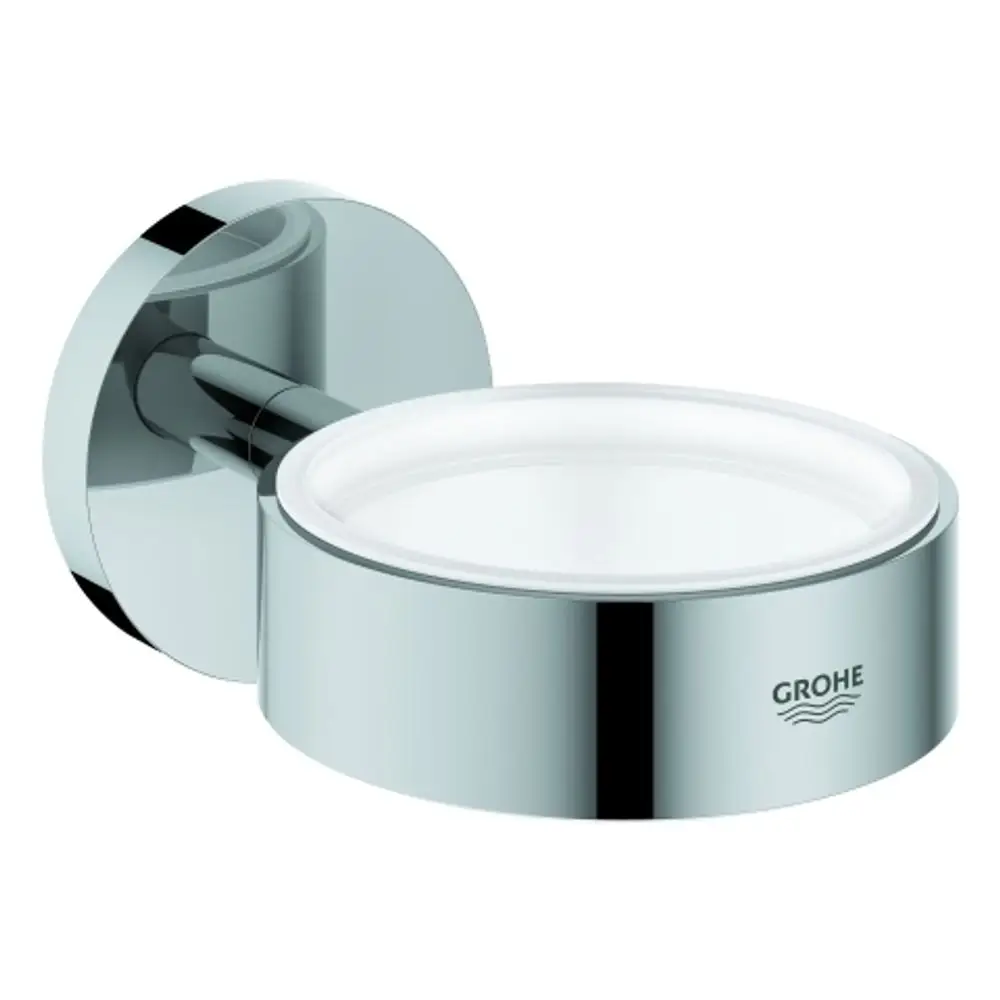 Wandhalterung in glänzendem Chrom von Grohe für einen Becher oder Seifenspender, mit runder Form und flacher Basis, zur Montage im Badezimmer.
