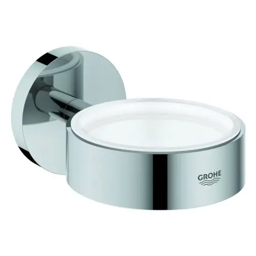 Wandhalterung in glänzendem Chrom von Grohe für einen Becher oder Seifenspender, mit runder Form und flacher Basis, zur Montage im Badezimmer.