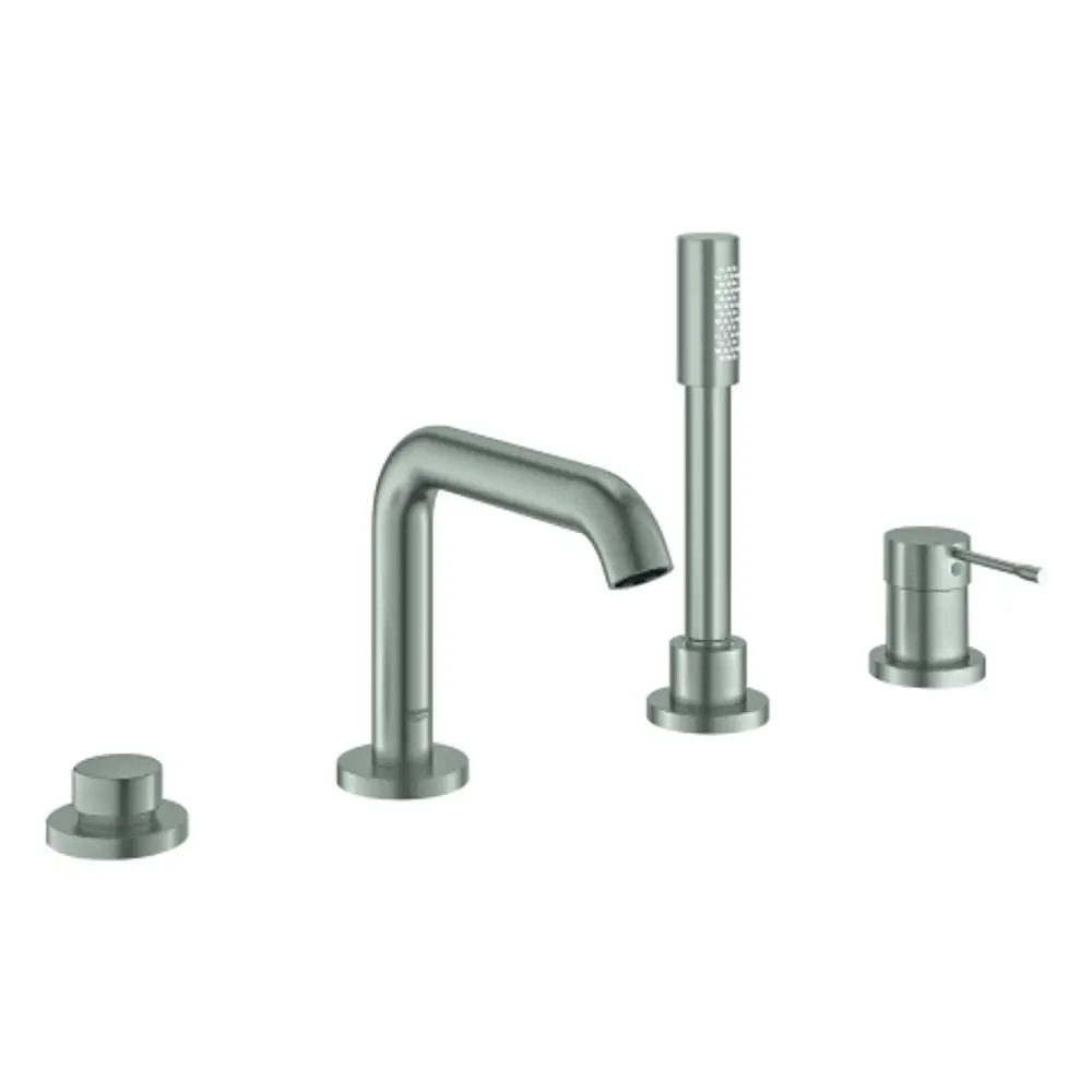 Grohe 4-Loch-Einhand-Wannenkombination in Supersteel-Finish, bestehend aus einem Wasserhahn, einer Handbrause sowie zwei Bedienelementen und einem Seifenspender.