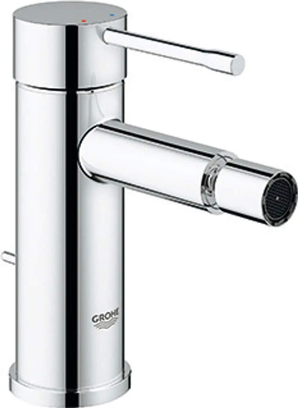 Einhand-Bidetbatterie aus chromatisiertem Material mit abgerundetem Design, Hebel zur Temperatur- und Wassermengenregulierung, Hersteller Grohe.