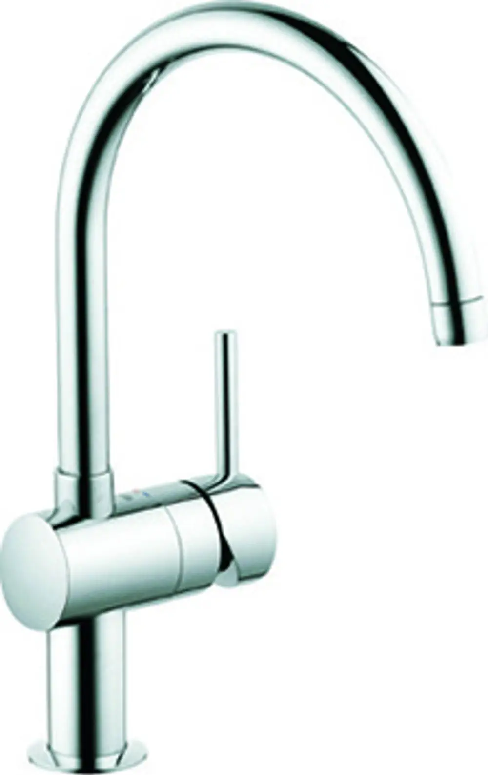Hochglänzende, chromfarbene Grohe Armatur mit einem geschwungenen Auslauf und einem seitlichen Hebel zur Wassersteuerung.