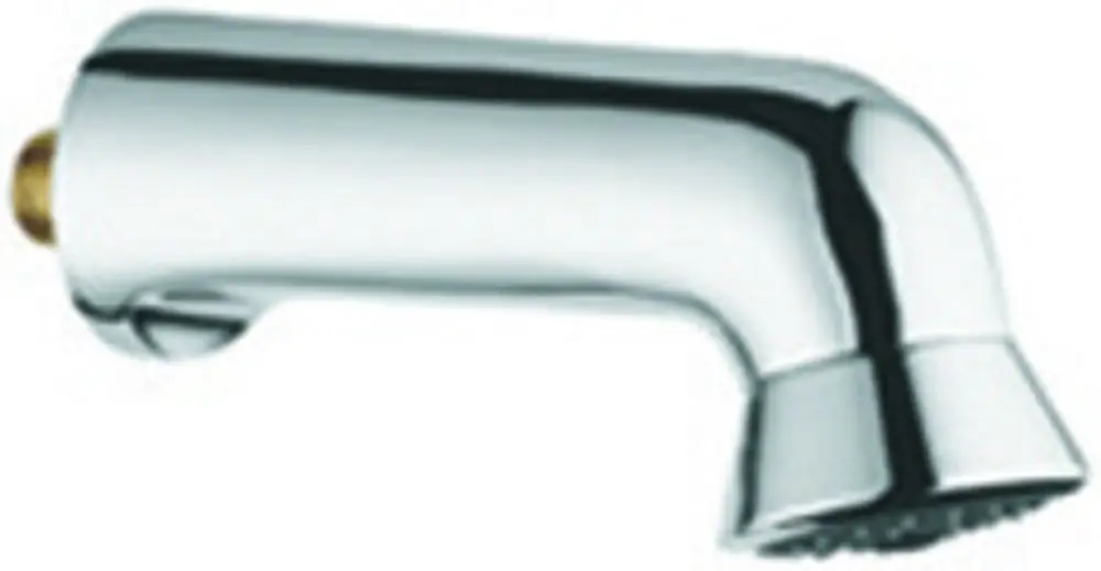 Grohe Duschkopf mit glänzender chromfarbener Oberfläche, der eine gebogene Form hat und eine Düse zur Wasserverteilung aufweist.